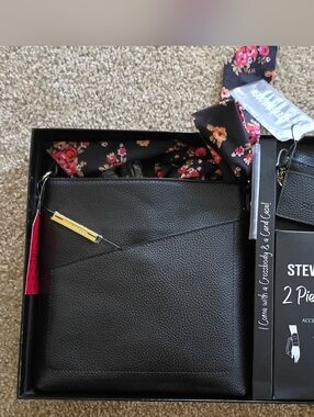 Steve Madden Black Pebbled Crossbody with Floral-Accent Scarf & Card Case